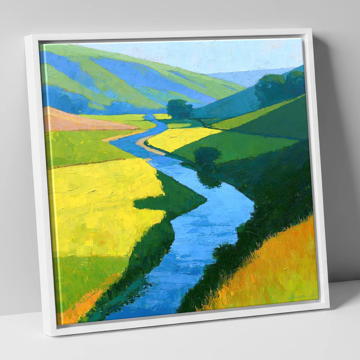 Winding Blue Beck through Vibrant Valley Meadows lake district waterfall canvas wall art in white frame