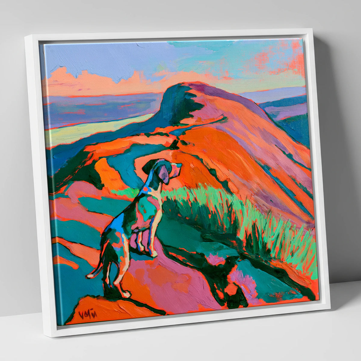 Vibrant Dog on Helvellyn Summit gifts for dog walkers canvas wall art in white frame