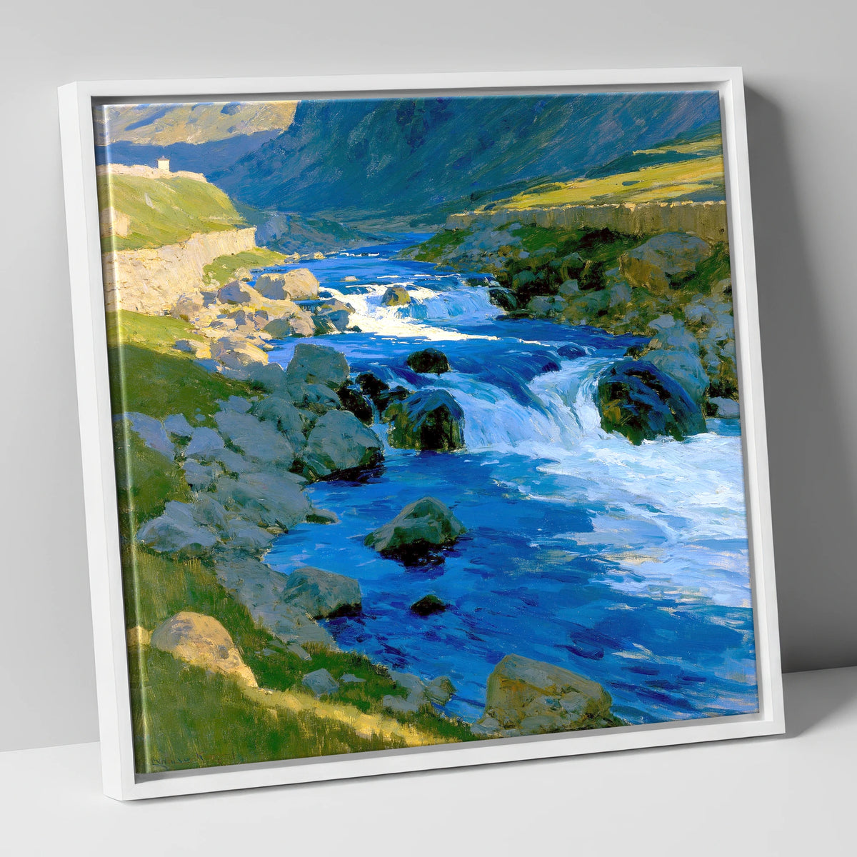 Vibrant Blue Fellside Beck lake district waterfall canvas wall art in white frame