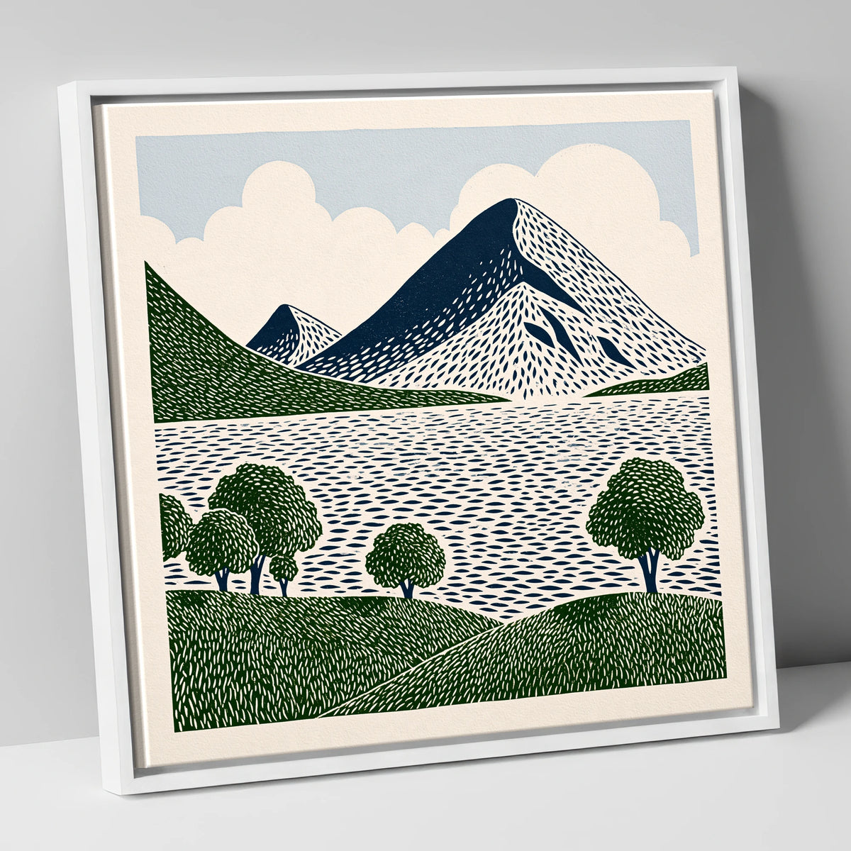 Graphic Fells Above Crummock Water lake district lake canvas wall art in white frame