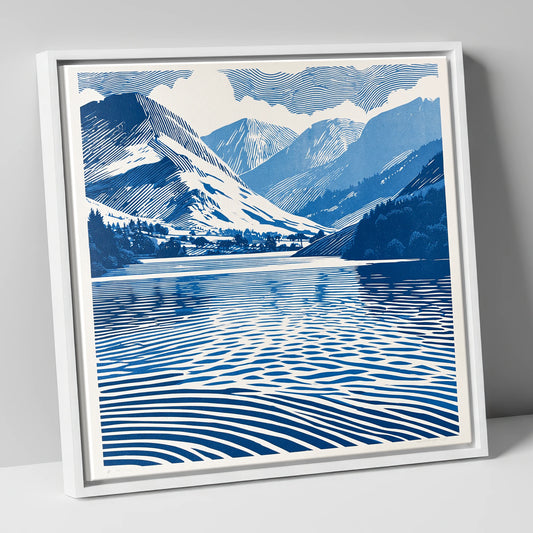 Cobalt Blue Lake And Fells lake district lake canvas wall art in white frame