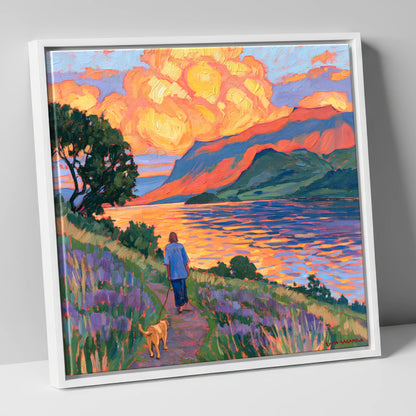 Vibrant Ullswater Evening Dog Walk gifts for dog walkers canvas wall art in white frame