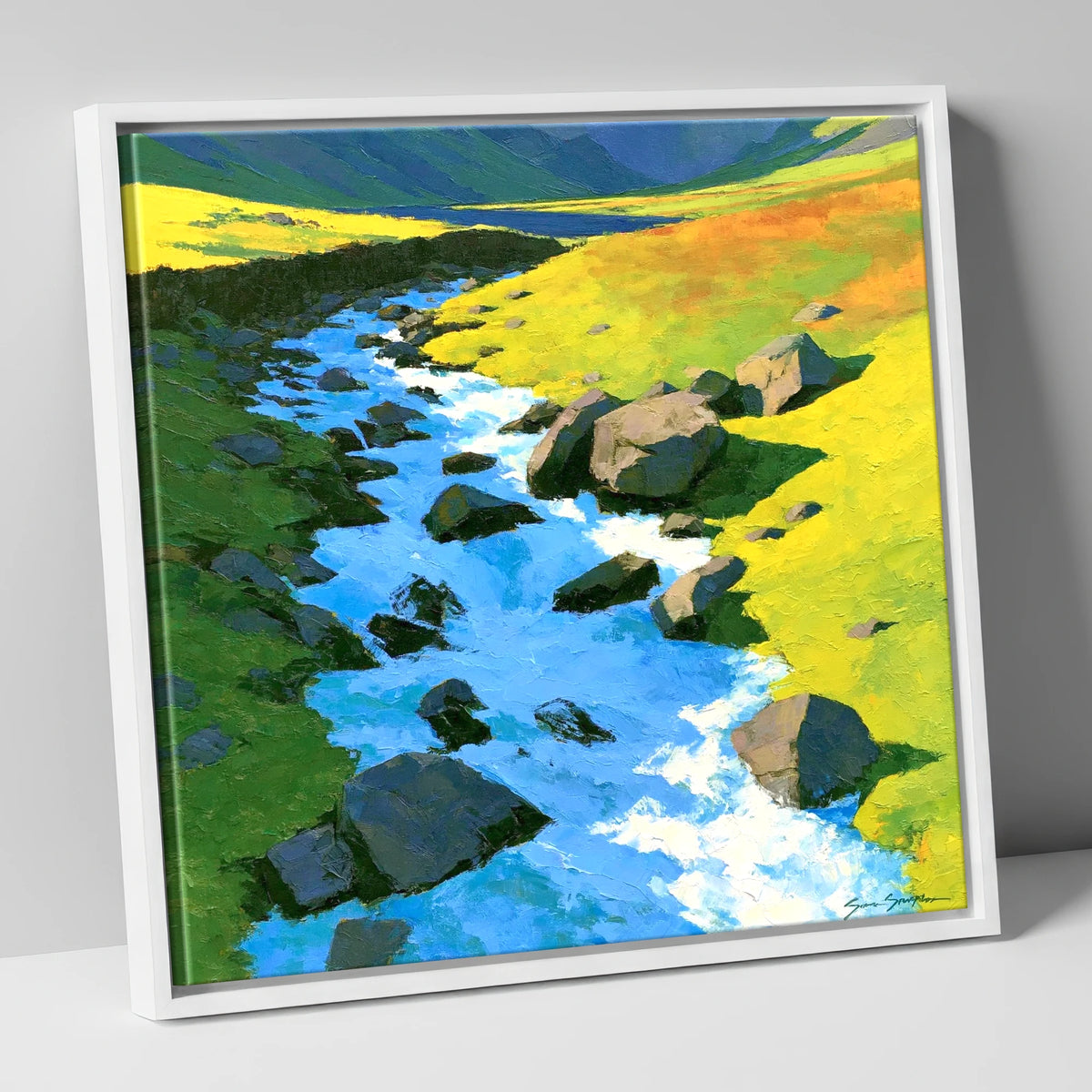 Cobalt Blue Fellside Beck lake district waterfall canvas wall art in white frame