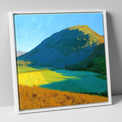 Sunlit Fields Below Low Fell lake district fell canvas wall art in white frame