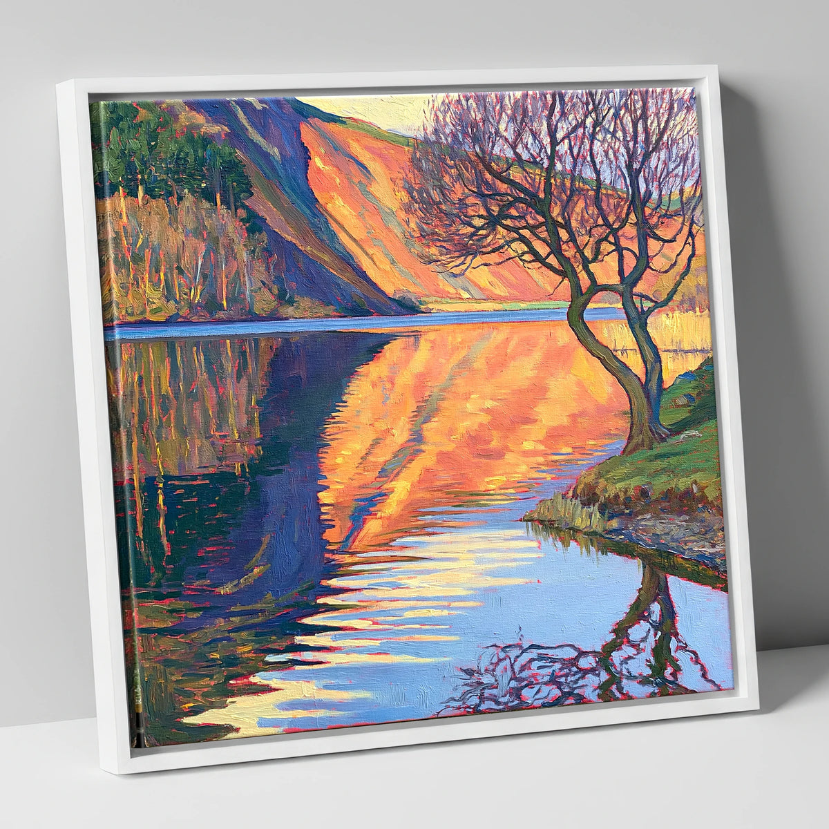 Vibrant Bassenthwaite Lake Reflections lake district lake canvas wall art in white frame
