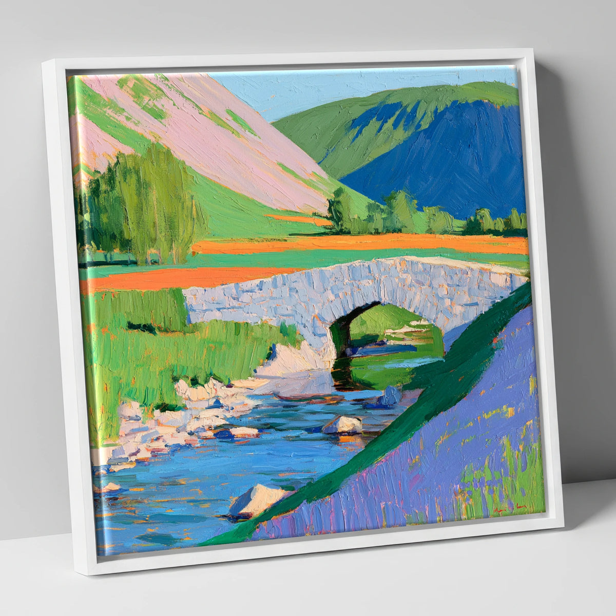 Vibrant Stone Bridge And Beck lake district waterfall canvas wall art in white frame
