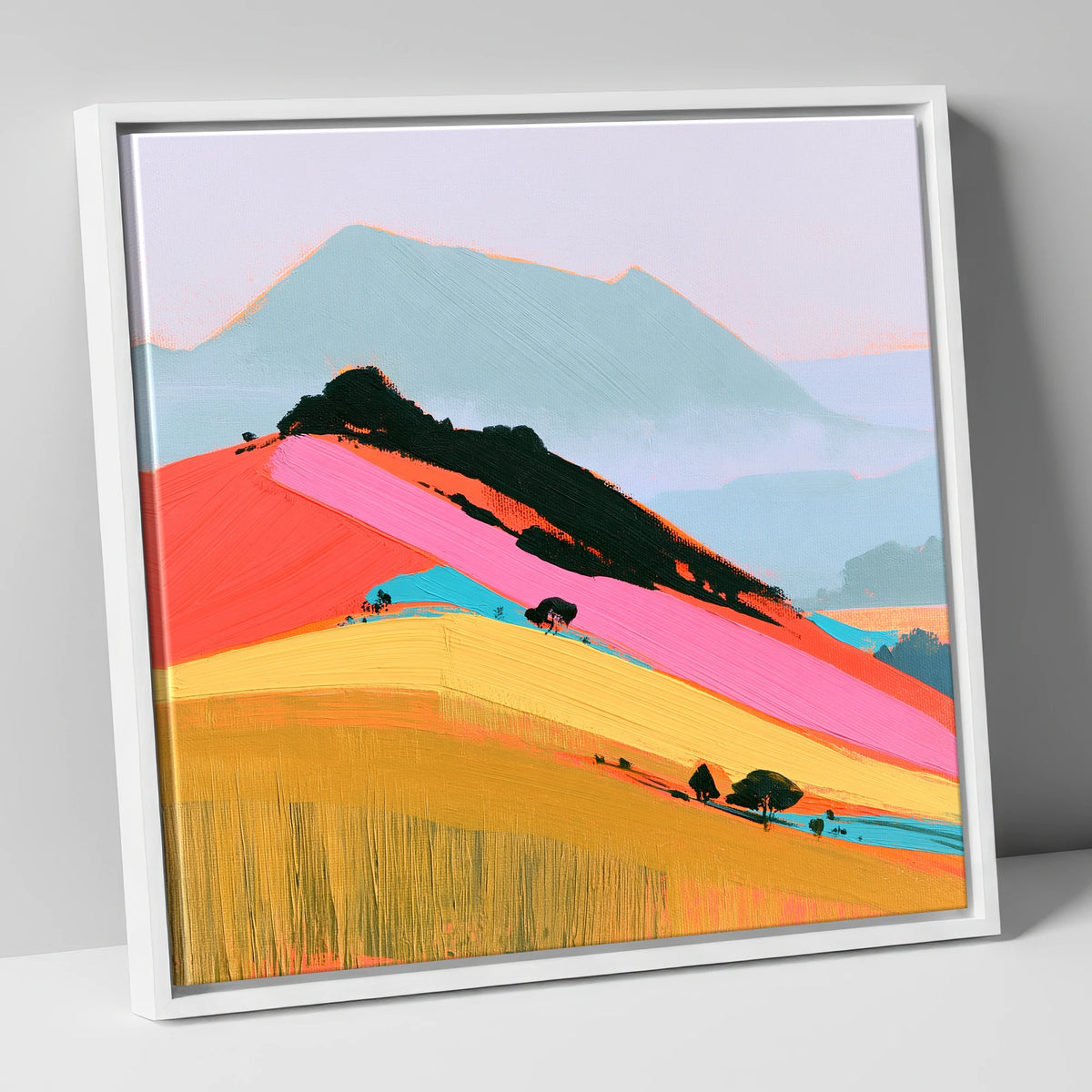 Vibrant Pink Mountain Ridge lake district fell canvas wall art in white frame