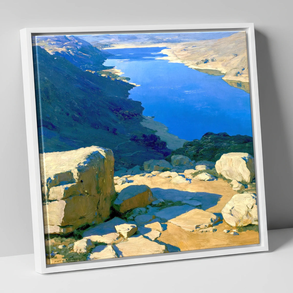 Sunlit Summit View Over Water lake district fell canvas wall art in white frame
