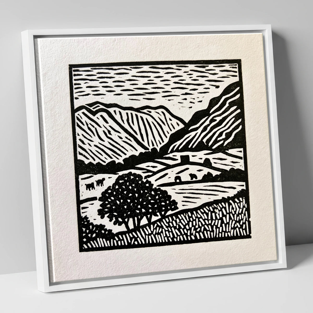Monochromatic Borrowdale Valley Landscape lake district valley canvas wall art in white frame