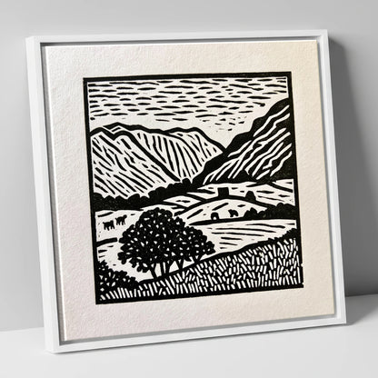 Monochromatic Borrowdale Valley Landscape lake district valley canvas wall art in white frame