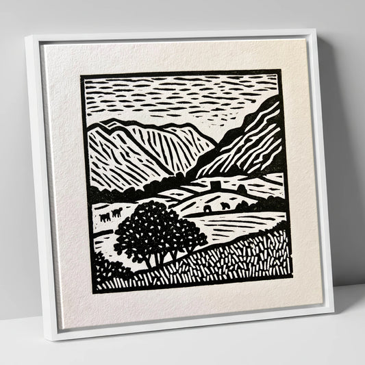 Monochromatic Borrowdale Valley Landscape lake district valley canvas wall art in white frame
