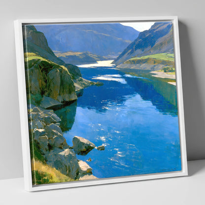 Brilliant Blue Lake and Fells lake district lake canvas wall art in white frame