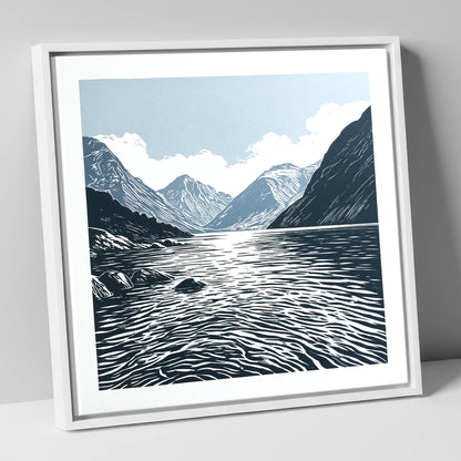 Graphic Navy Wastwater Screes lake district lake canvas wall art in white frame