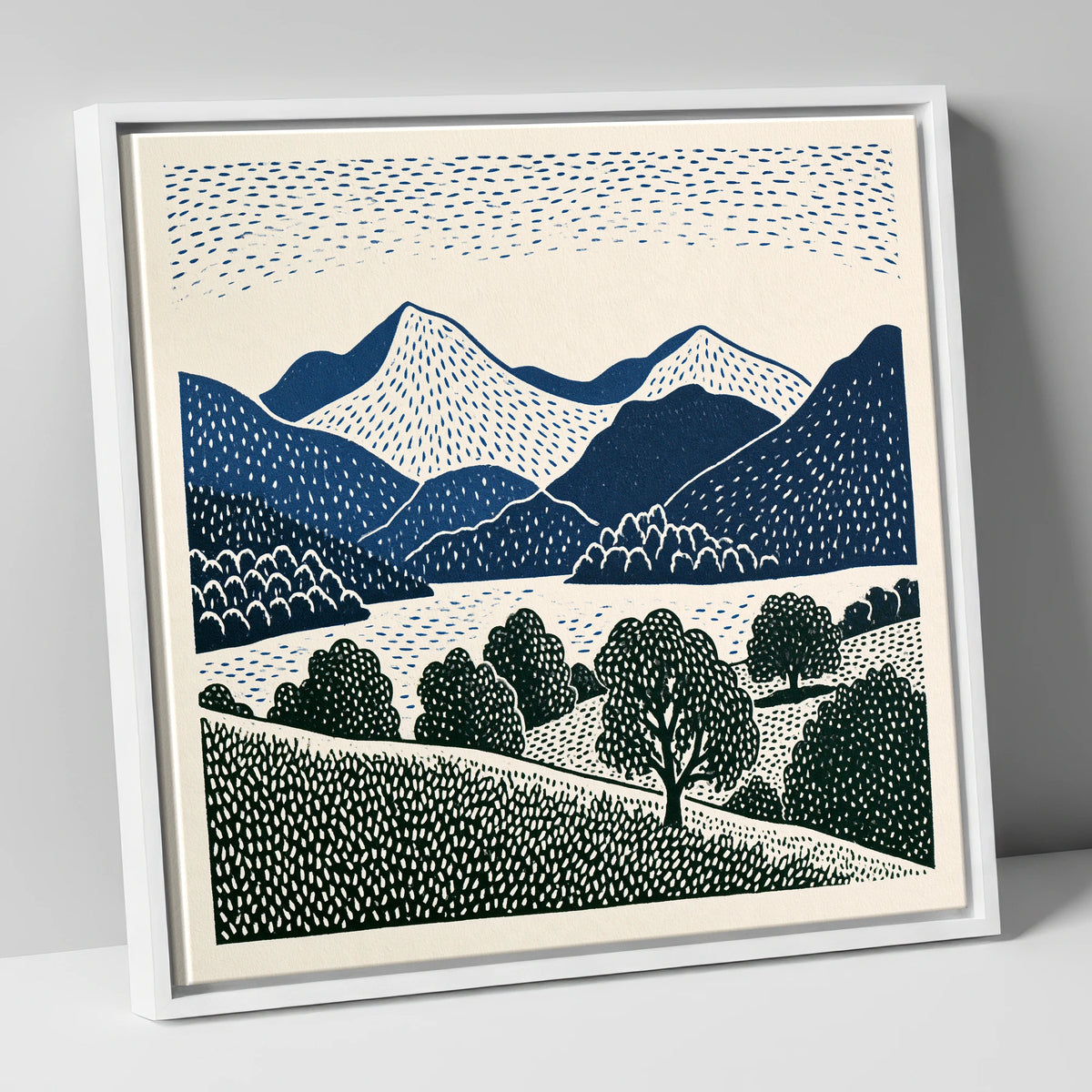 Grasmere Fells in Graphic Navy lake district lake canvas wall art in white frame