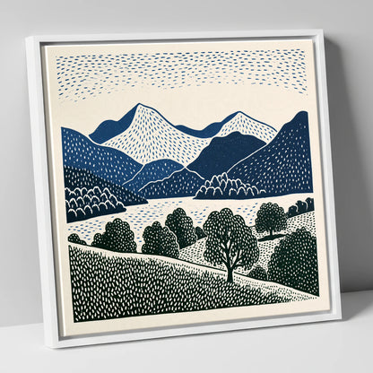 Grasmere Fells in Graphic Navy lake district lake canvas wall art in white frame