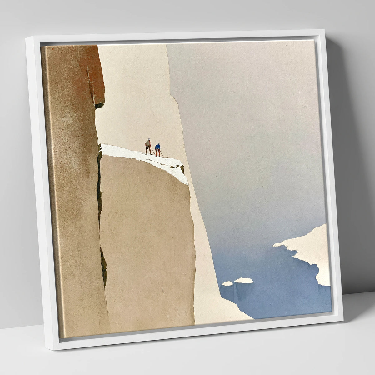 Climbers on a Snowy Precipice lake district walking canvas wall art in white frame