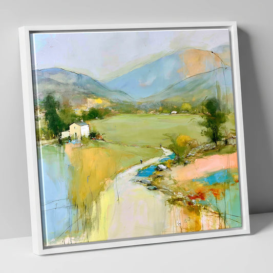 Vibrant Green Valley Between the Fells lake district valley canvas wall art in white frame