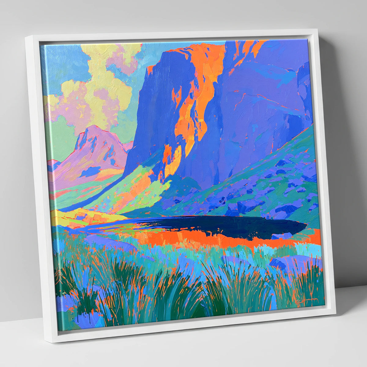 Vibrant Pavey Ark over Stickle Tarn lake district fell canvas wall art in white frame