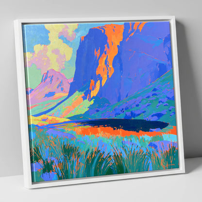 Vibrant Pavey Ark over Stickle Tarn lake district fell canvas wall art in white frame