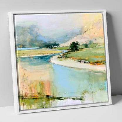Winding River Valley in Pastel lake district waterfall canvas wall art in white frame