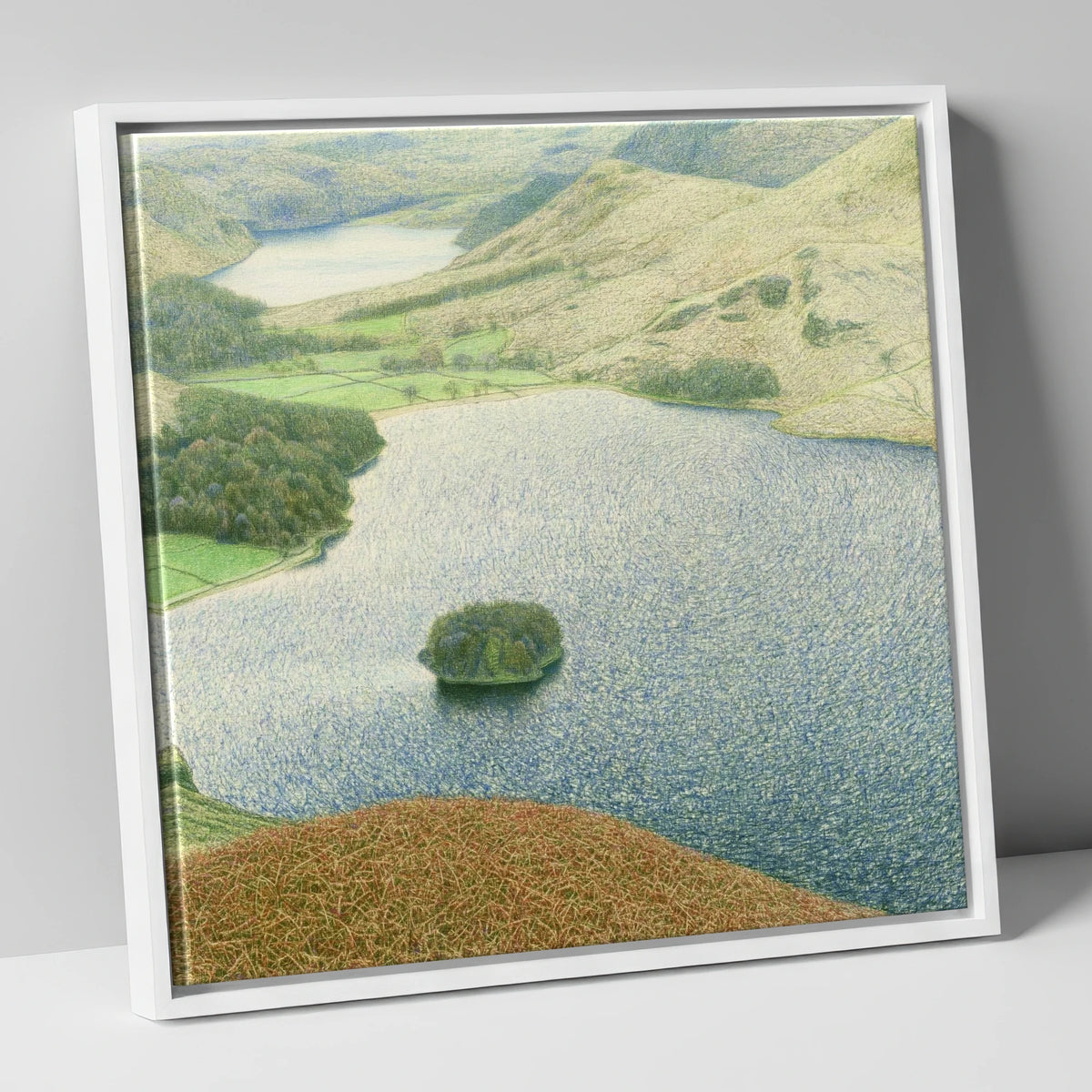 Autumn Bracken Above Grasmere lake district lake canvas wall art in white frame