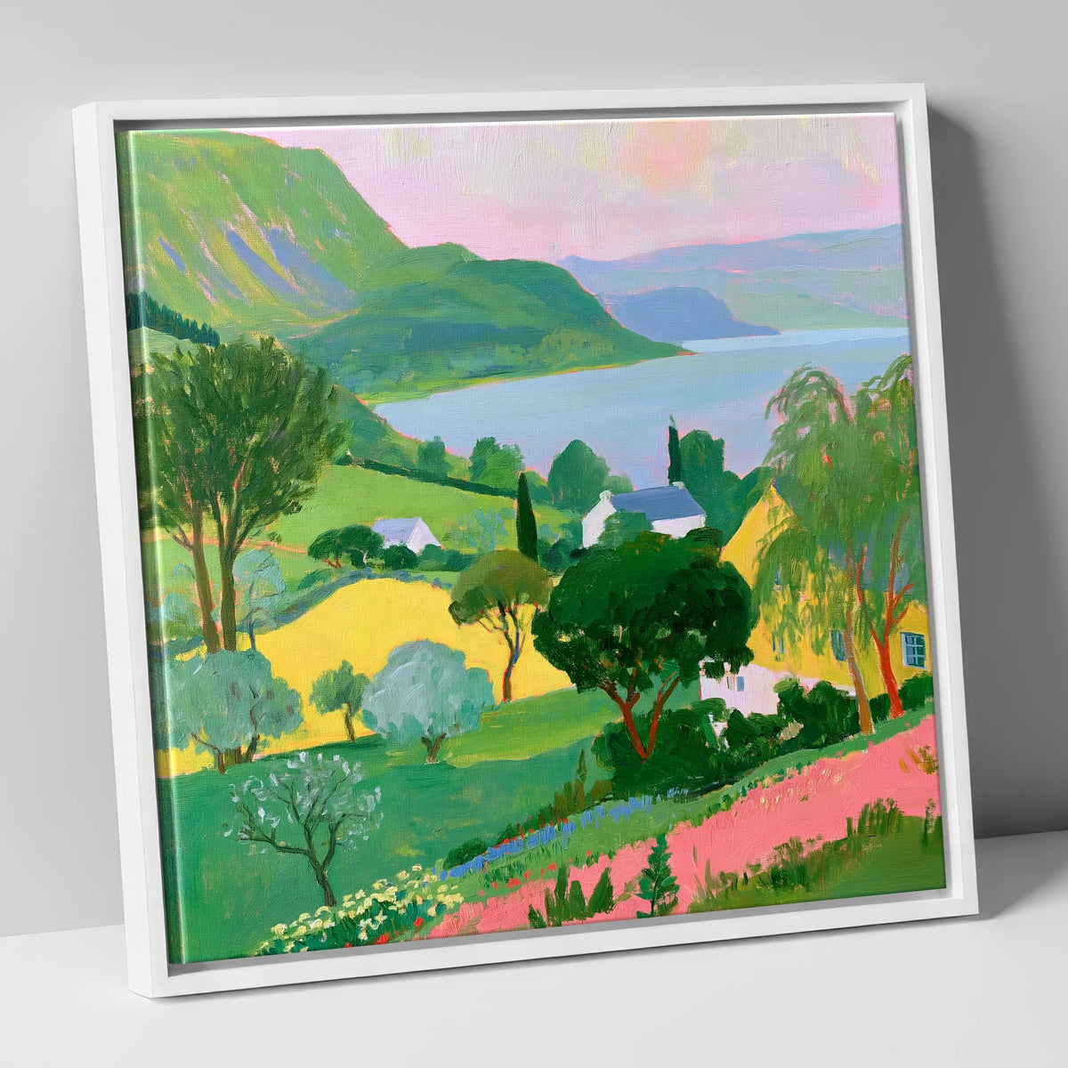 Vibrant Summer Lake and Fells lake district lake canvas wall art in white frame