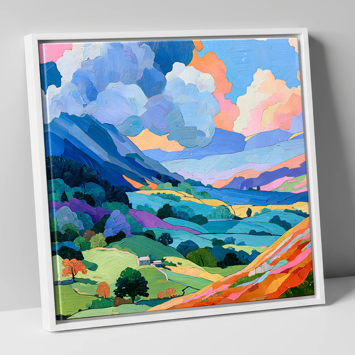 Colourful Fells Under Billowing Clouds lake district fell canvas wall art in white frame