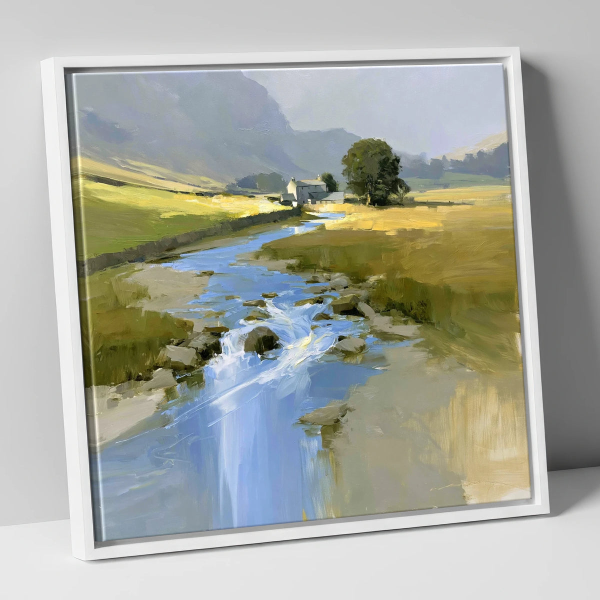 Sunlit Valley Beck and Farmhouse lake district waterfall canvas wall art in white frame