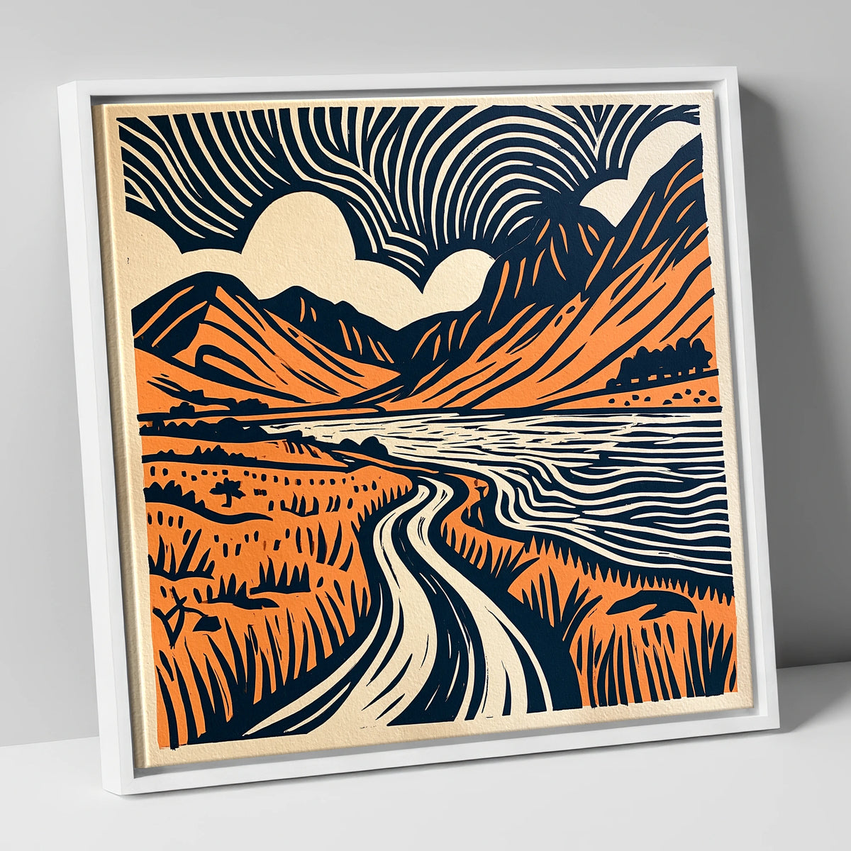 Ennerdale in Navy and Terracotta lake district valley canvas wall art in white frame