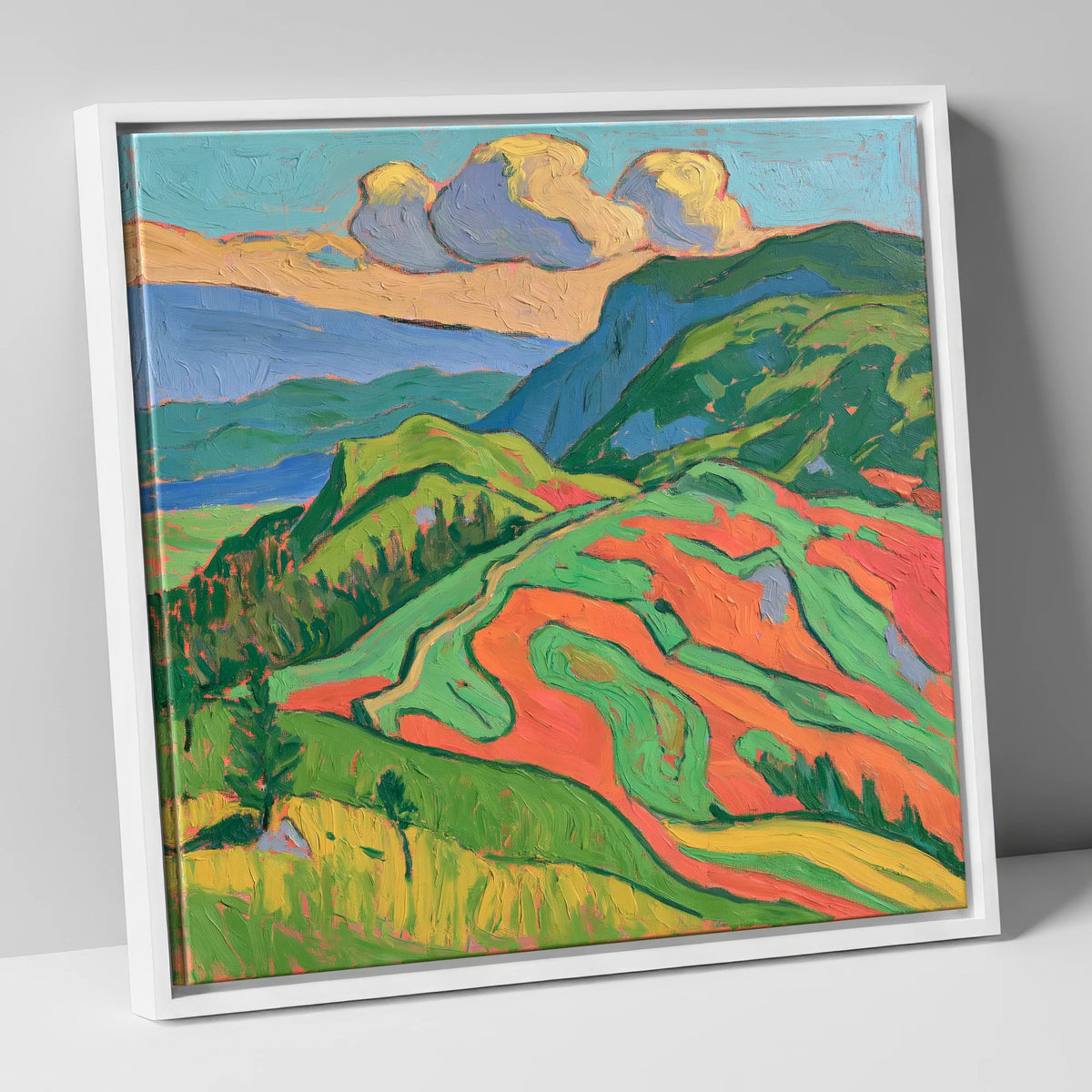 Vivid Rolling Fells Under Cloud lake district fell canvas wall art in white frame