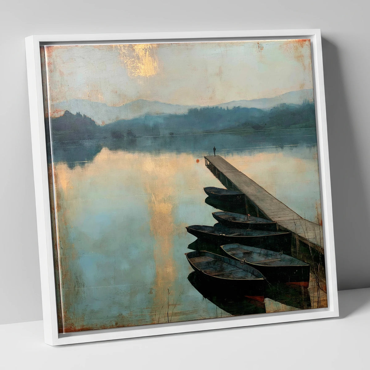 Windermere Jetty in Golden Light lake district lake canvas wall art in white frame