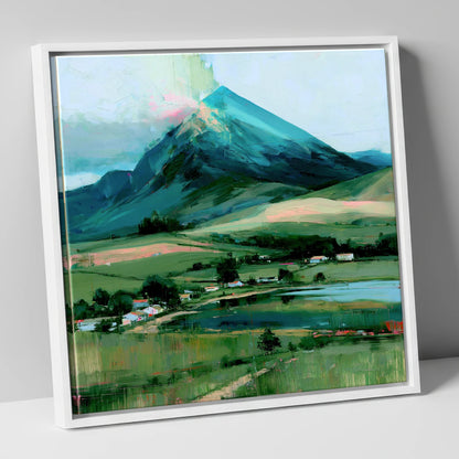 Teal Mountain Above Lakeside Hamlet lake district fell canvas wall art in white frame