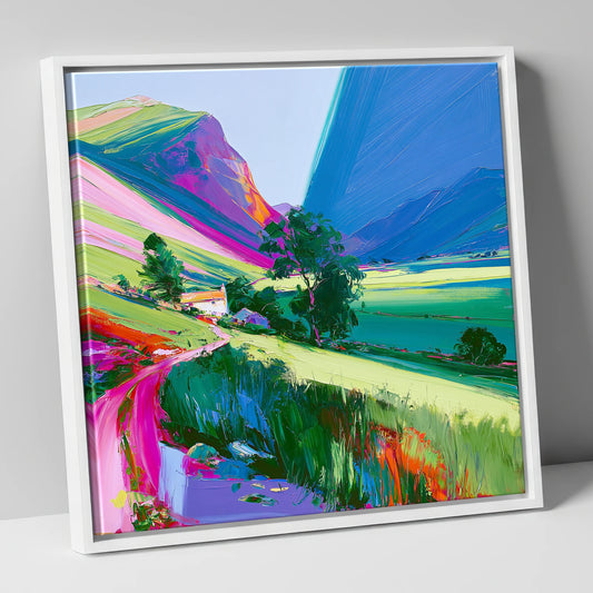 Vivid Fells And Green Valley lake district valley canvas wall art in white frame