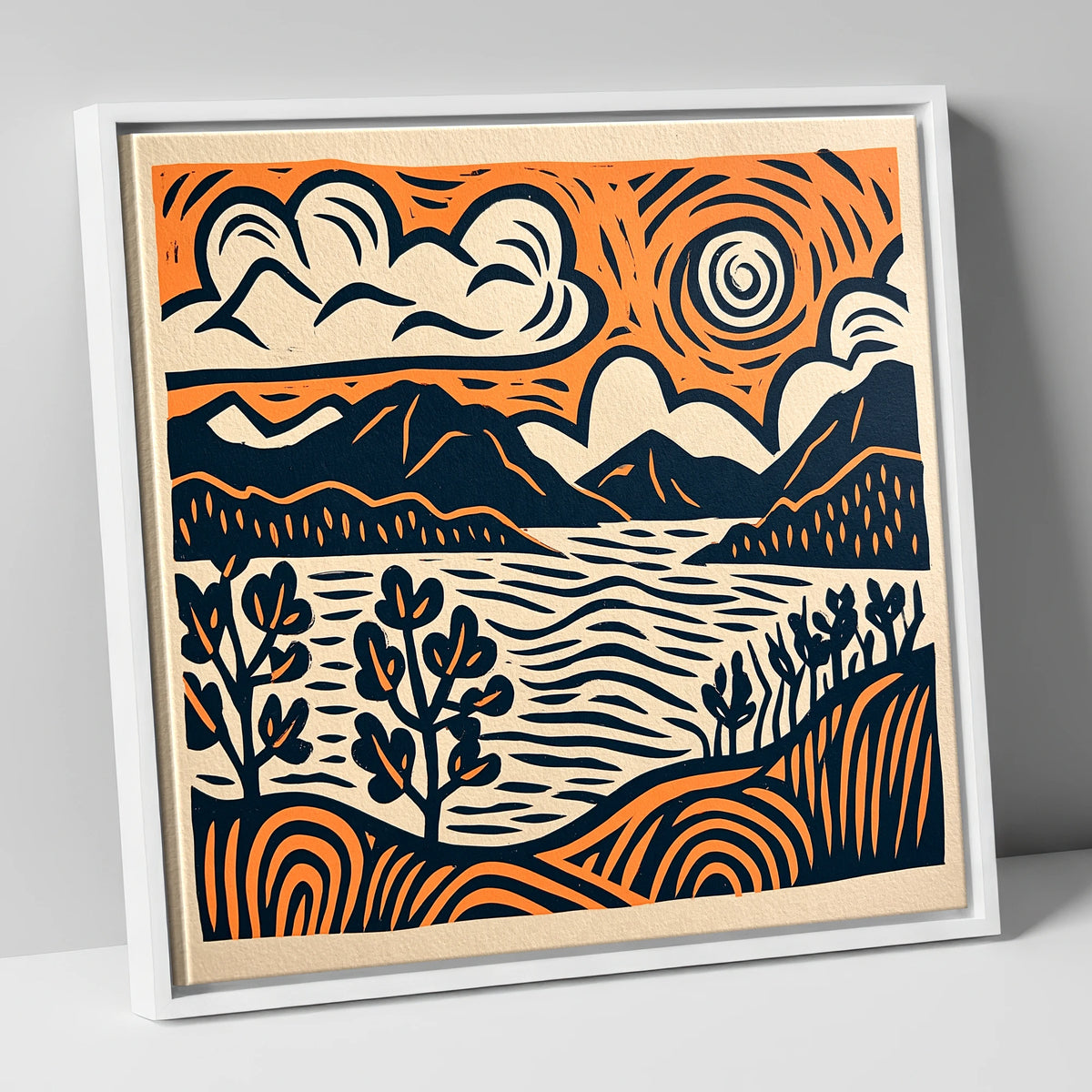 Windermere in Navy and Terracotta lake district lake canvas wall art in white frame