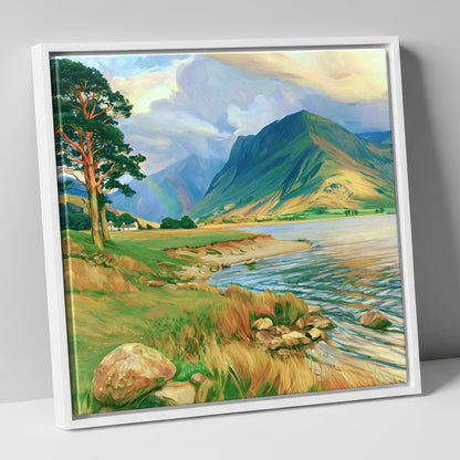 Lakeshore Rainbow After Rain lake district sky canvas wall art in white frame