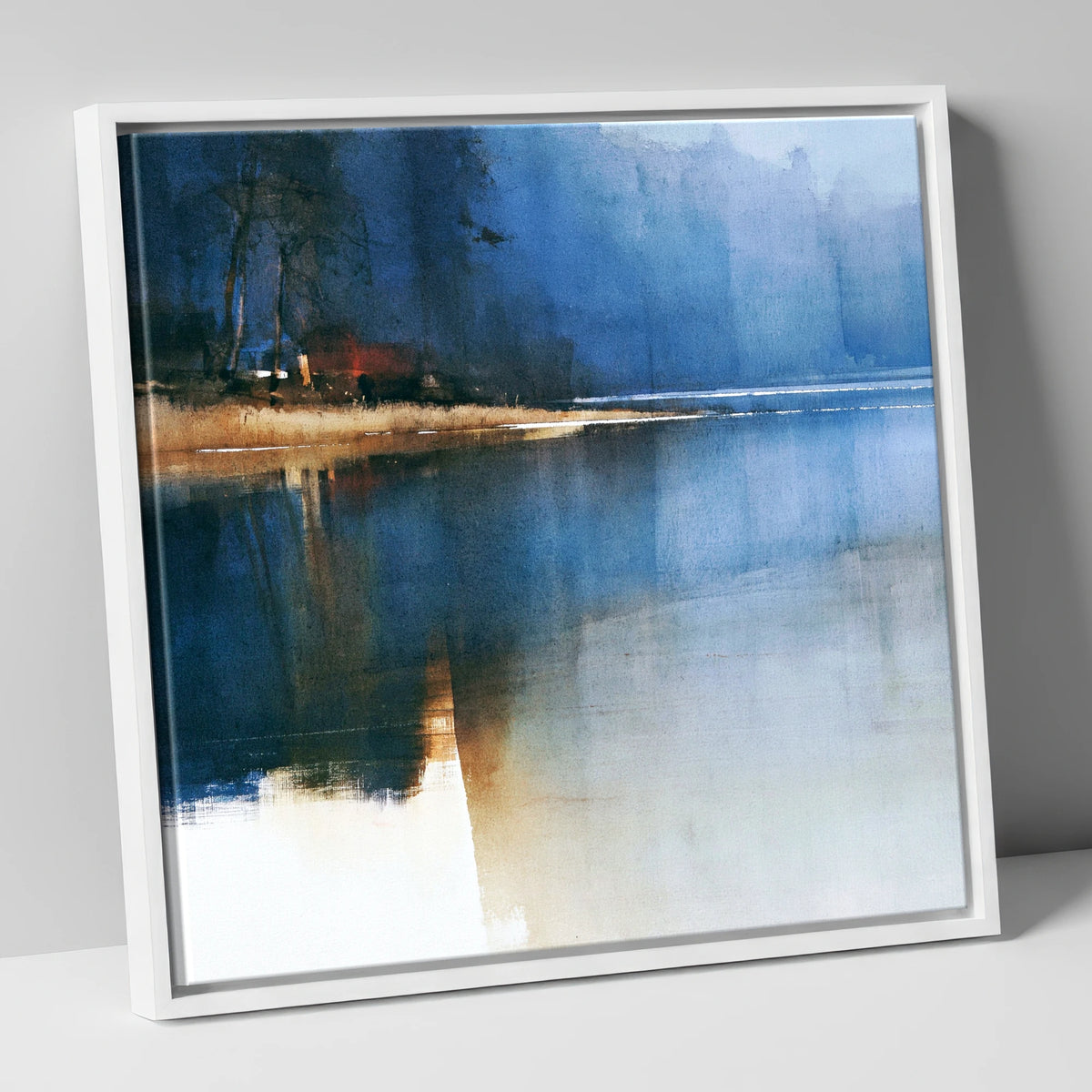 Moody Blue Calm Lake Reflections lake district lake canvas wall art in white frame