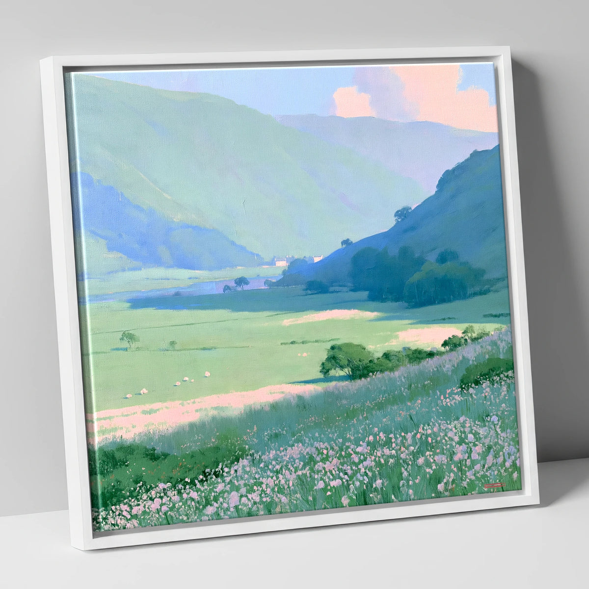 Blue Fells and Wildflower Meadow lake district valley canvas wall art in white frame