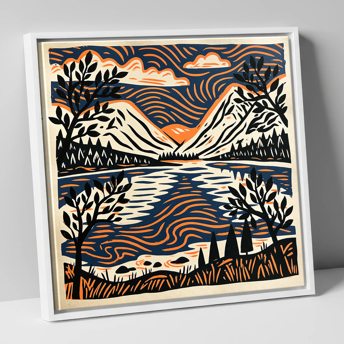 Lake Reflections in Navy and Orange lake district lake canvas wall art in white frame
