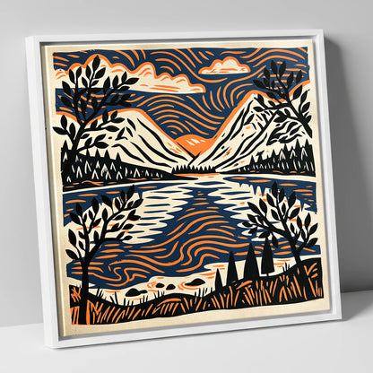 Lake Reflections in Navy and Orange lake district lake canvas wall art in white frame