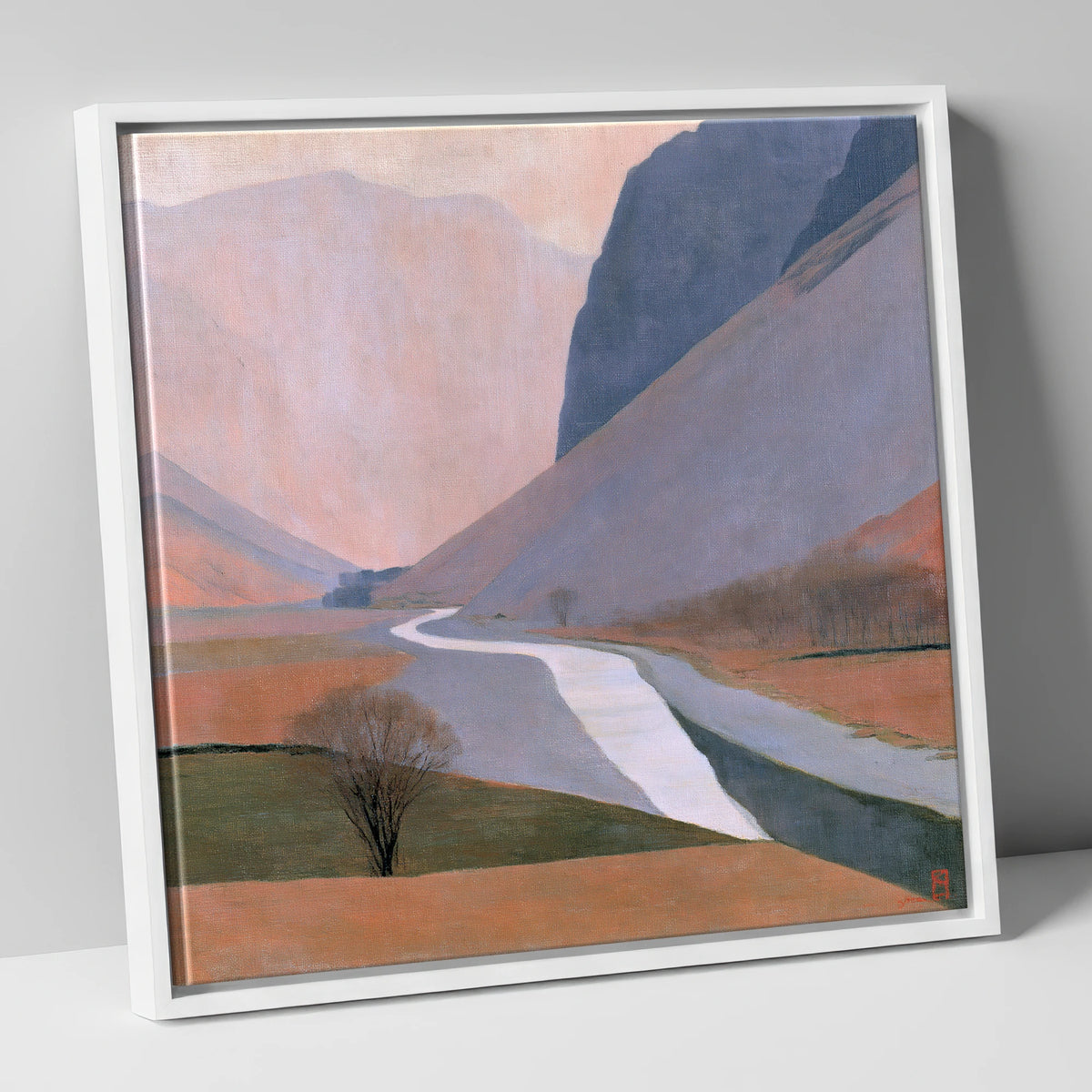 Winding River Beneath Slate Fells lake district waterfall canvas wall art in white frame