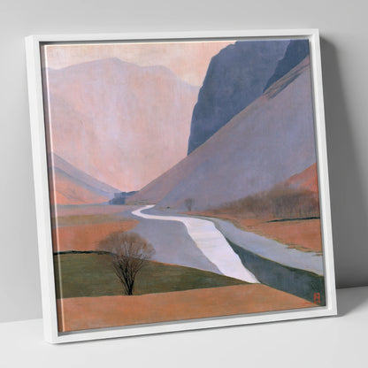 Winding River Beneath Slate Fells lake district waterfall canvas wall art in white frame