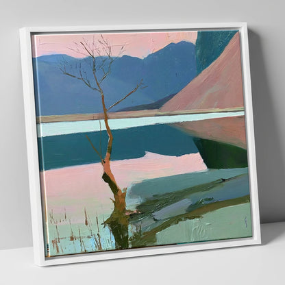 Buttermere Lone Tree in Pink lake district lake canvas wall art in white frame