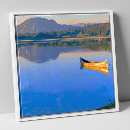 Sunlit Canoe on Lake Windermere lake district lake canvas wall art in white frame