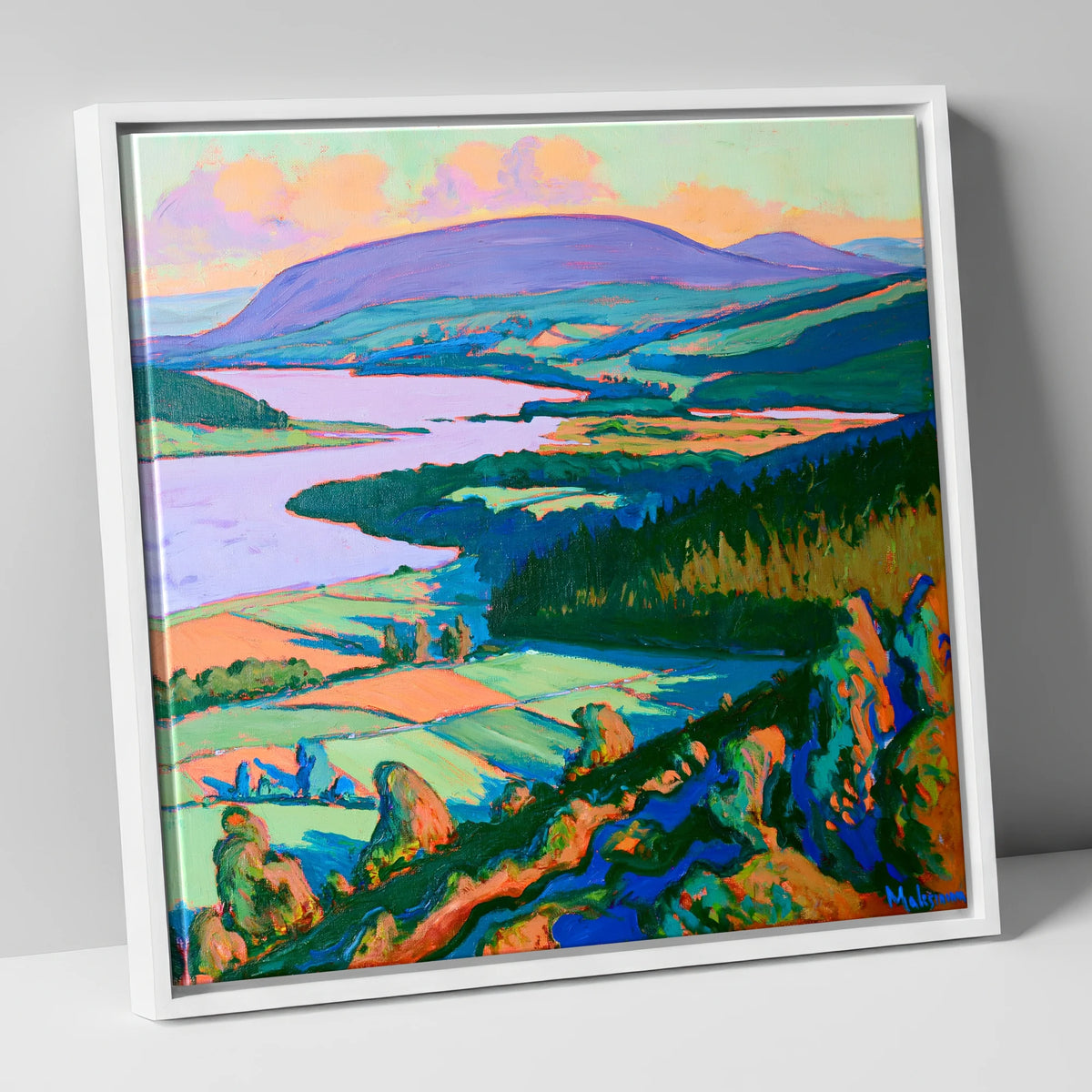 Vibrant Bassenthwaite Lake and Fells lake district lake canvas wall art in white frame