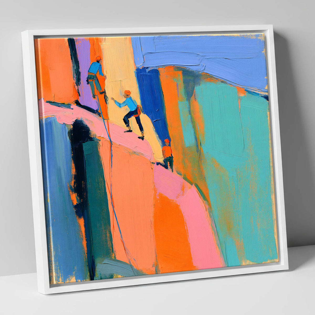 Vibrant Climbers on the Crag lake district walking canvas wall art in white frame
