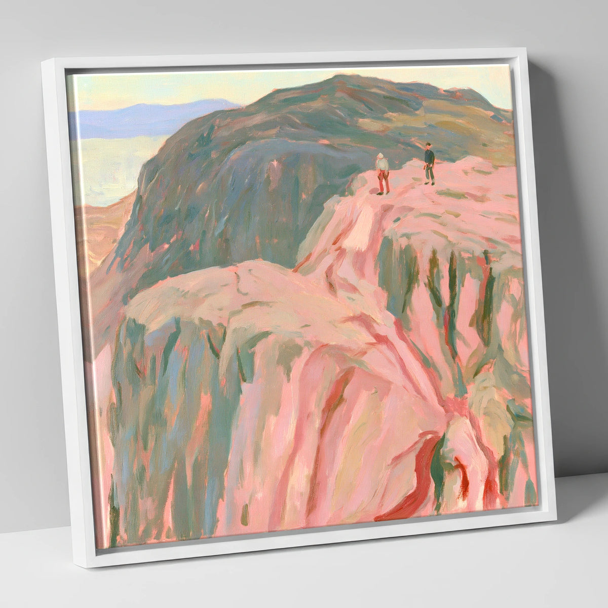 Climbers on a Rosy Crag lake district walking canvas wall art in white frame