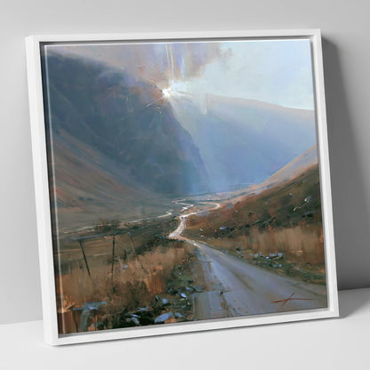 Mountain Pass in Breaking Light lake district valley canvas wall art in white frame