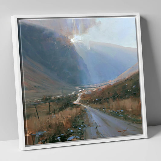Mountain Pass in Breaking Light lake district valley canvas wall art in white frame