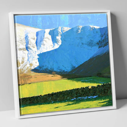 Bannerdale Crags Winter Sunlight lake district fell canvas wall art in white frame