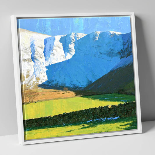 Bannerdale Crags Winter Sunlight lake district fell canvas wall art in white frame